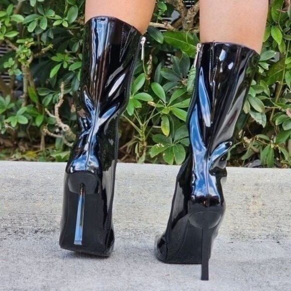 Women Mid Calf Square Toe Heel Boot Black Color - Picture 4 of 5